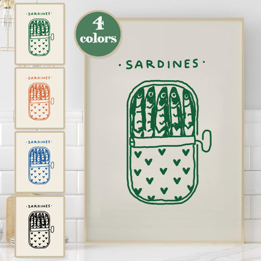Sardines in a Heart Vintage Tin Print, Kitchen Aesthetic Decor, Hand Drawn Food Art, Retro Sardine Poster, Trendy Wall Art, Seafood Print