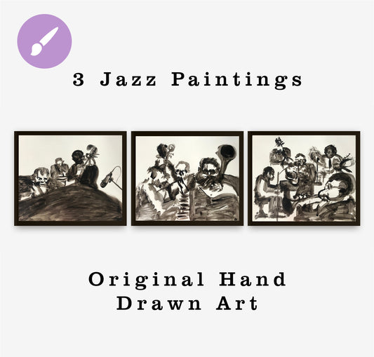 Jazz Acrylic Original Hand Drawn Paintings, Black and White Music Art, Dizzy Gillespie Jazz Quintet, Expressionism Art Decor Painting