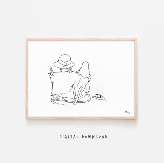 Summer Beach Minimalist Print: Coastal Decor Digital Download, Woman in Hat Relaxing, Modern Wall Art
