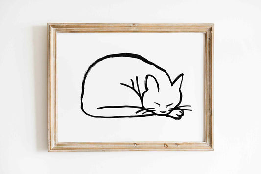 Sleeping Cat Print, Cute Kitties Drawing, Minimalist Cat Art, Digital Download Wall Decor