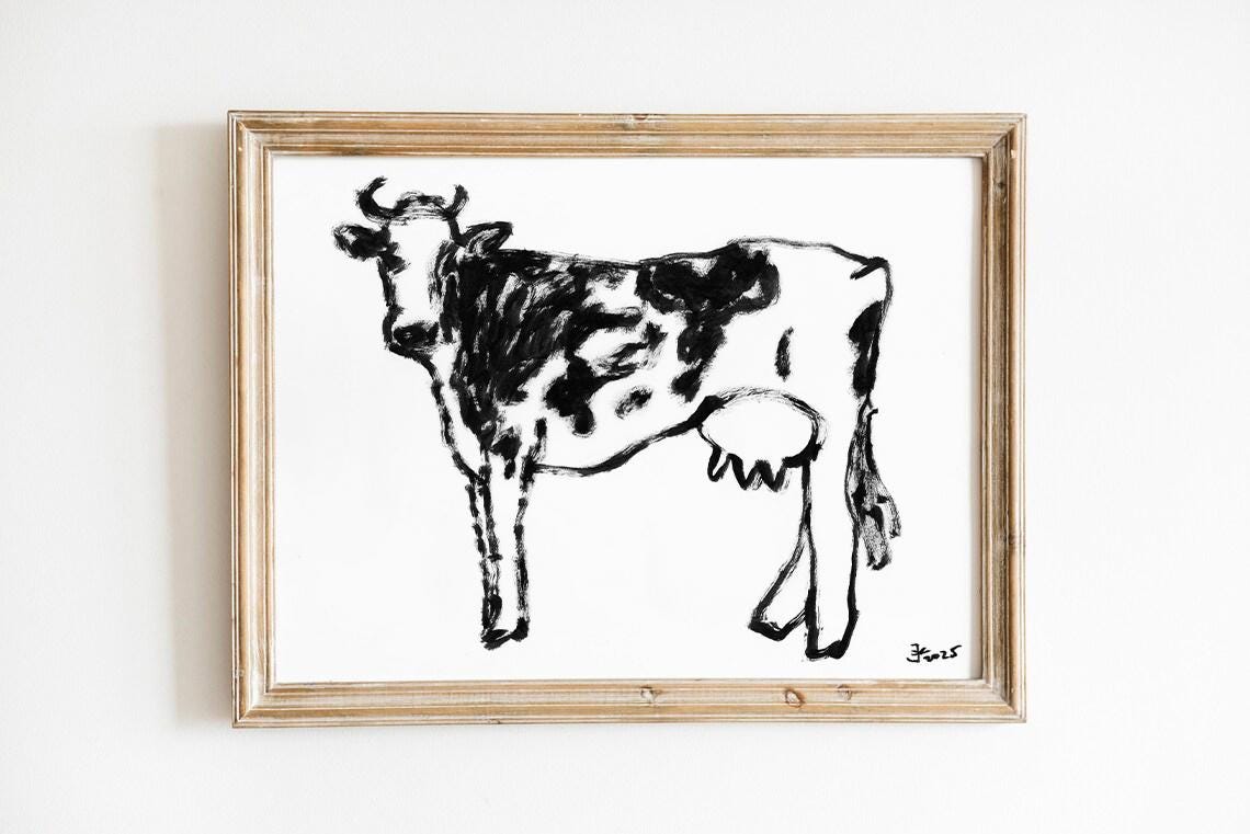 Cow Print, Farmhouse Decor, Country Wall Art, Cow Illustration, Trendy Wall Art, Rustic Animal Sketch, Cow Drawing, Cow Digital Download