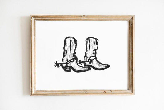 Cowgirl Boots Aesthetic Poster | Western Wall Art Print | Black & White Cowboy Boots Drawing | Vintage Cowgirl Illustration