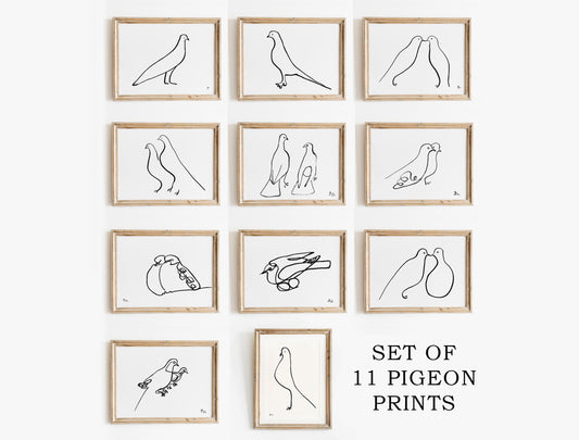 Set of 11 Dove Prints, Digital Download, Nursery Bird Decor, Peaceful Wall Art, Minimalist Pigeon Drawings, Farmhouse Wall Artwork