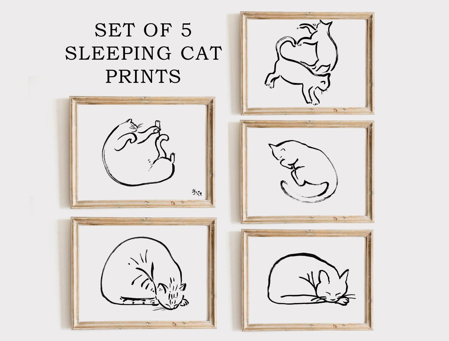 Set of 5 Sleeping Cat Prints, Printable Art, Cat Lovers Gift, Black and White Cat Art, Bundle Cat Poster, Cat Adoption Wall Art, Bedroom Art