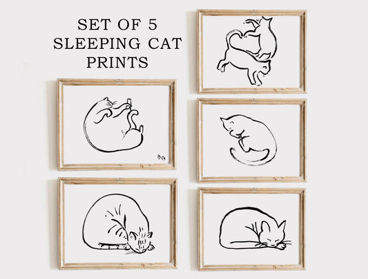 Set of 5 Sleeping Cat Prints, Printable Art, Cat Lovers Gift, Black and White Cat Art, Bundle Cat Poster, Cat Adoption Wall Art, Bedroom Art