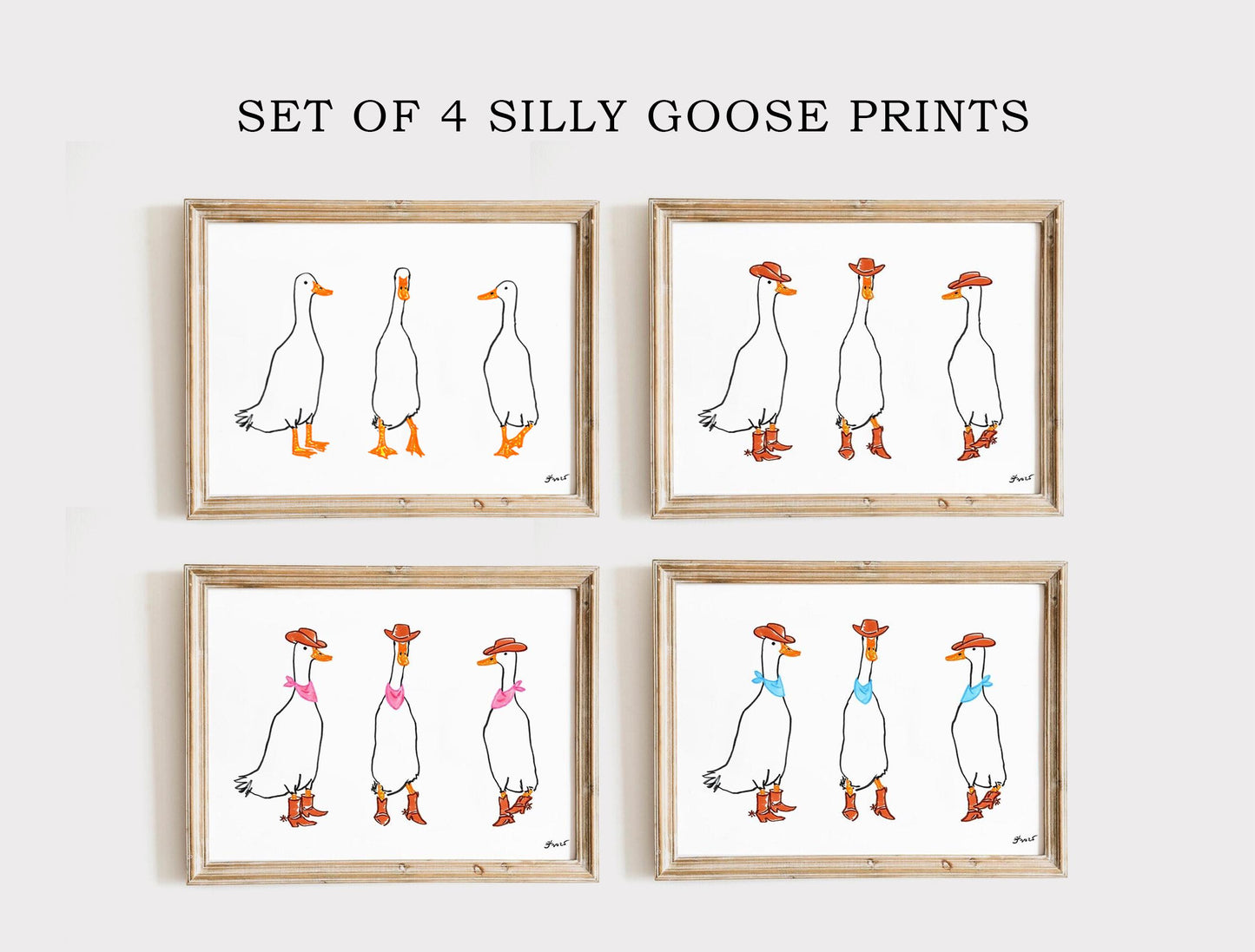 Set of 4 Silly Goose Prints, Digital Download, Nursery Cowgirl Goose Wall, Trendy Western Wall Art, Farmhouse Decor, Cowboy Goose Poster