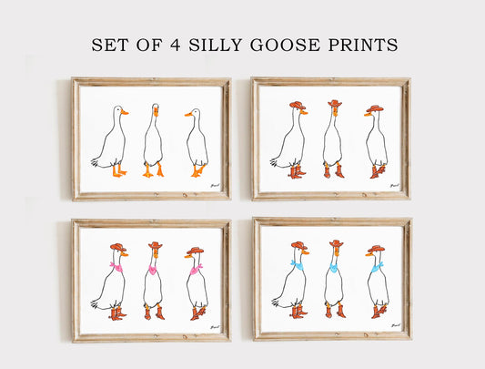Set of 4 Silly Goose Prints, Digital Download, Nursery Cowgirl Goose Wall, Trendy Western Wall Art, Farmhouse Decor, Cowboy Goose Poster