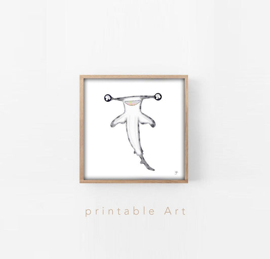 Baby Hammerhead Shark Print, Cute Coastal Nursery Decor, Happy Shark Poster, Baby Shark Wall Art for Kids Room