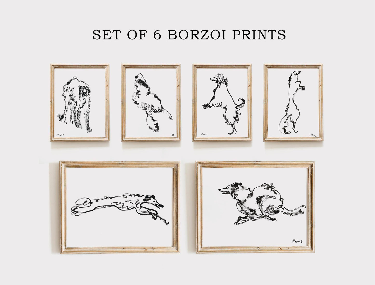 Set of 6 Borzoi Prints, Instant Download, Dog Lovers Gift, Black and White Borzoi Art, Bundle Borzoi Dog Poster, Borzoi Adoption Wall Art