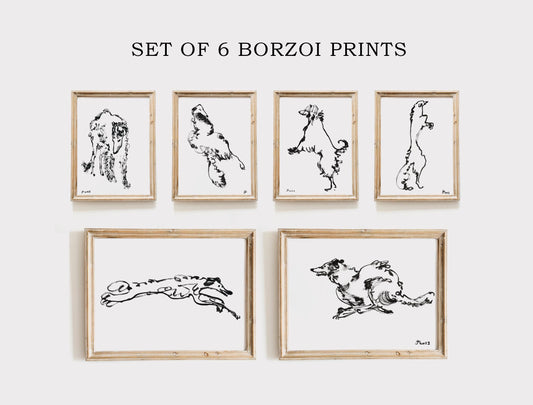 Set of 6 Borzoi Prints, Instant Download, Dog Lovers Gift, Black and White Borzoi Art, Bundle Borzoi Dog Poster, Borzoi Adoption Wall Art