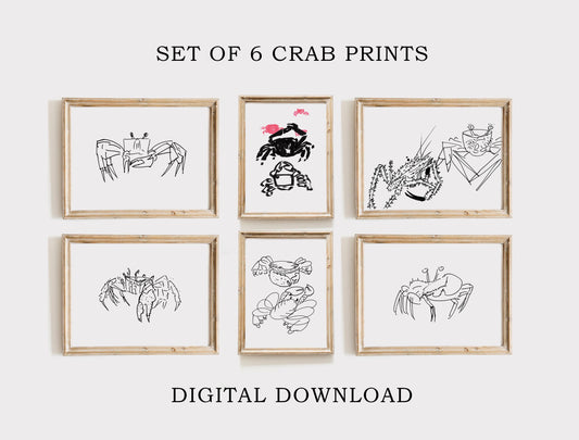 Set of 6 Crab Prints, Digital Download, Maritime Decor, Minimalist Crab Wall Art, Nautical Home Decor Bundle, Coastal Living Room Decor
